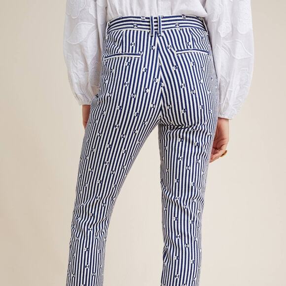 Anthropologie Blue & White Slim Trousers with Embroidery - Picture 4 of 16
